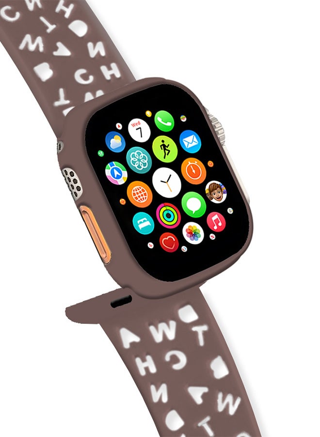 CATANES silicone watch strap 49mm 45mm 44mm 42mm Letter print Strap compatible with Apple Watch Series Ultra2 Ultra SE/8/7/6/5/4/3/2/1 Dark Brown - Image 1