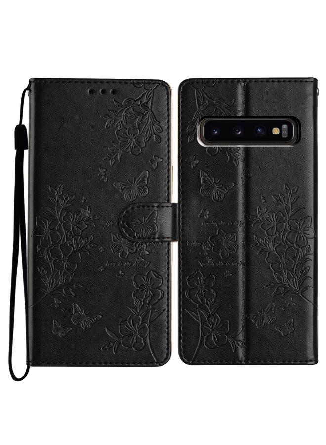 For Samsung Galaxy S10+ Butterflies and Flowers Leather Phone Case(Black)