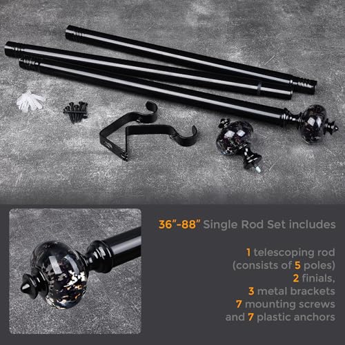 JRZOO Black Curtain Rod for Windows 48 to 84 Inches, 1'' Heavy Duty Adjustable Modern Drapery Rods with Unique Crystal Finials, Luxury Decorative Curtain Rods, Size: 30-88'' - Image 3