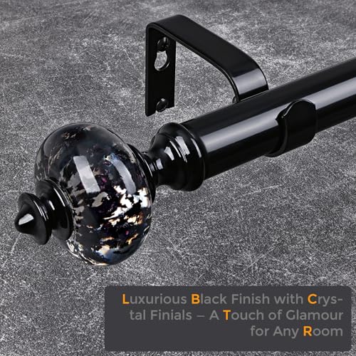 JRZOO Black Curtain Rod for Windows 48 to 84 Inches, 1'' Heavy Duty Adjustable Modern Drapery Rods with Unique Crystal Finials, Luxury Decorative Curtain Rods, Size: 30-88'' - Image 5