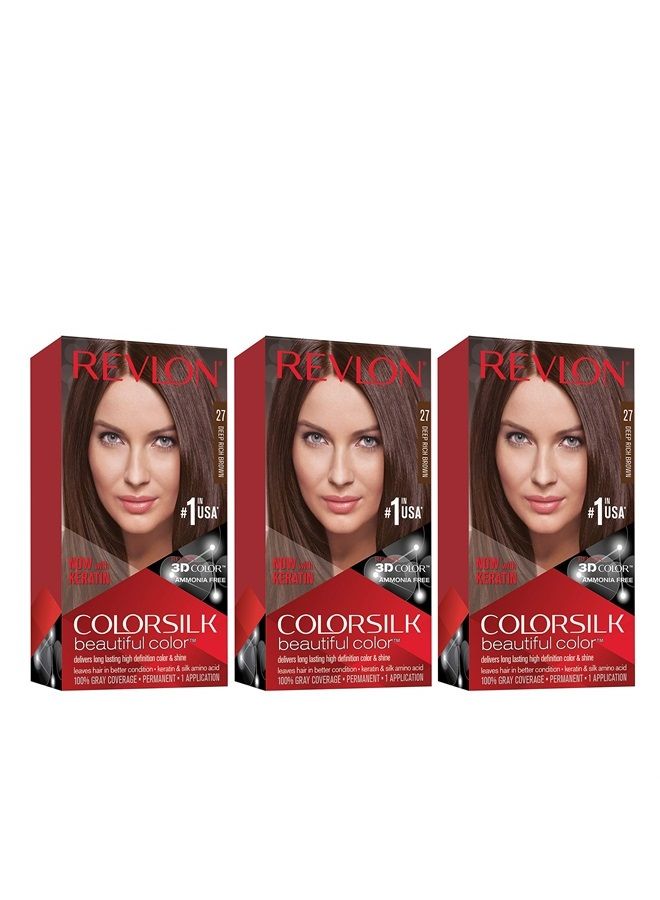 Revlon Permanent Hair Color, Permanent Hair Dye, Colorsilk with 100% Gray Coverage, Ammonia-Free, Keratin and Amino Acids, 27 Deep Rich Brown, 4.4 Oz (Pack of 3) - Image 1