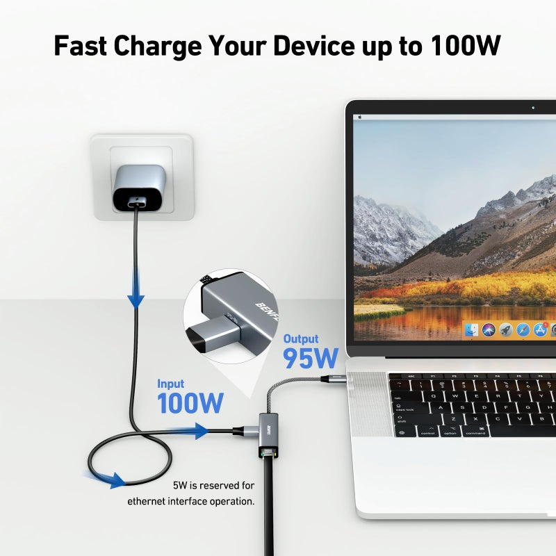 Benfei BENFEI USB-C to Ethernet Gigabit Adapter with 100W Power Delivery, Thunderbolt 3/4 to RJ45 Ethernet LAN Network Adapter Compatible with iPhone 15 Pro/Max, MacBook Pro/Air 2023, iMac  - Image 3