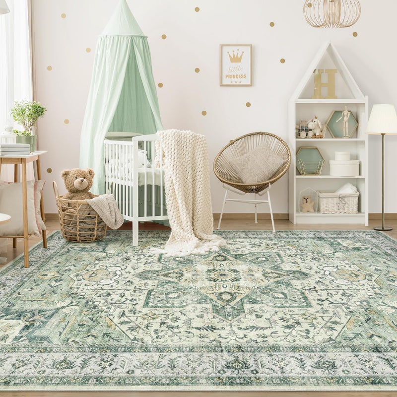 Tortania Area Rug Living Room Rugs - 9x12 Washable Boho Rug Vintage Oriental Distressed Farmhouse Large Thin Indoor Carpet for Living Room Bedroom Under Dining Table Home Office - Green - Image 3