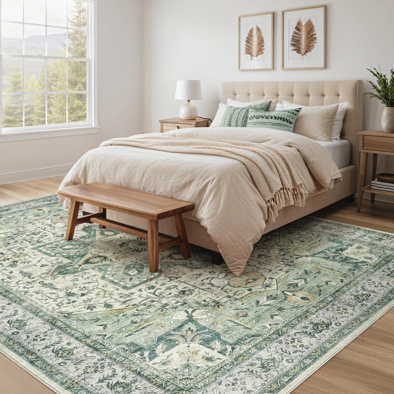 Tortania Area Rug Living Room Rugs - 9x12 Washable Boho Rug Vintage Oriental Distressed Farmhouse Large Thin Indoor Carpet for Living Room Bedroom Under Dining Table Home Office - Green - Image 2