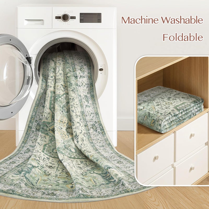 Tortania Area Rug Living Room Rugs - 9x12 Washable Boho Rug Vintage Oriental Distressed Farmhouse Large Thin Indoor Carpet for Living Room Bedroom Under Dining Table Home Office - Green - Image 5