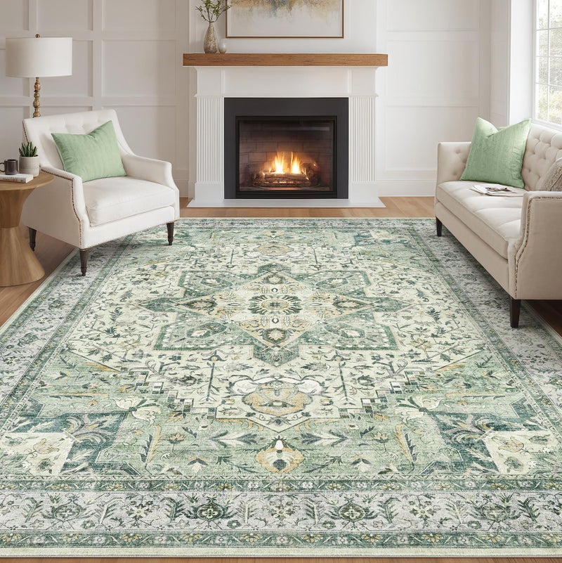 Tortania Area Rug Living Room Rugs - 9x12 Washable Boho Rug Vintage Oriental Distressed Farmhouse Large Thin Indoor Carpet for Living Room Bedroom Under Dining Table Home Office - Green - Image 1