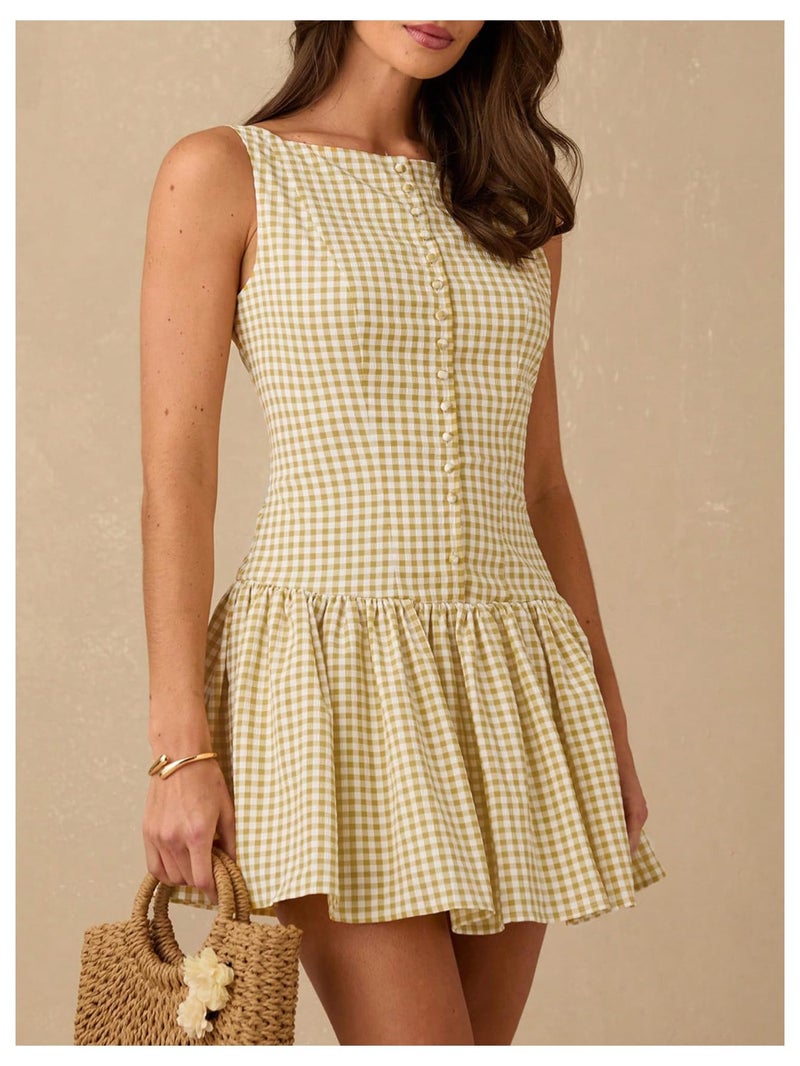 OYOANGLE Women's Gingham Sleeveless Ruffle Short Dress Open Back Button Front Y2K Plaid Dresses Yellow Large - Image 3