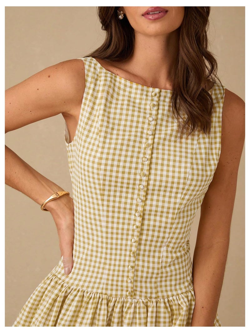 OYOANGLE Women's Gingham Sleeveless Ruffle Short Dress Open Back Button Front Y2K Plaid Dresses Yellow Large - Image 4