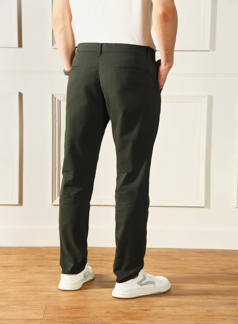 Dennis Lingo Dark Green Men'S Dark Green 100% Cotton Solid Pattern Full Length Chinos Slim Fit Trouser for Men | Best Price UAE