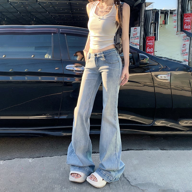 American Style Retro Personalized Micro-Lar Jeans Women'S Style Spice Girl Stretch Small Low Waist Horn Trousers - Image 5