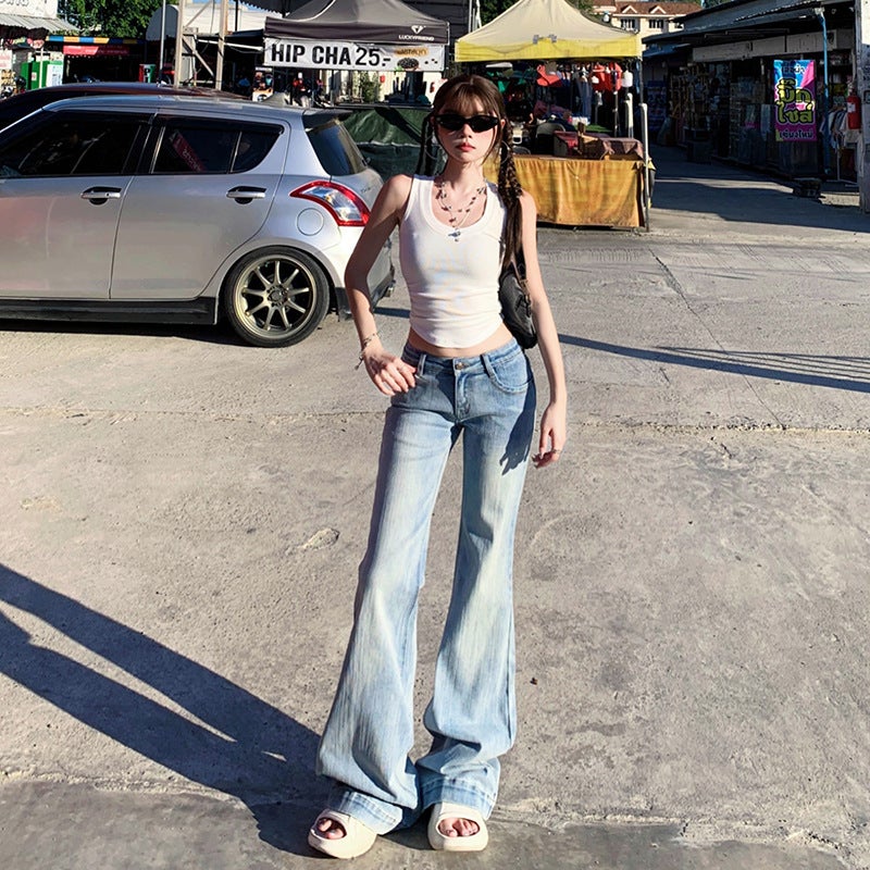 American Style Retro Personalized Micro-Lar Jeans Women'S Style Spice Girl Stretch Small Low Waist Horn Trousers - Image 1