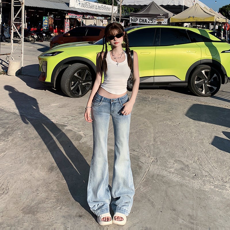 American Style Retro Personalized Micro-Lar Jeans Women'S Style Spice Girl Stretch Small Low Waist Horn Trousers - Image 2
