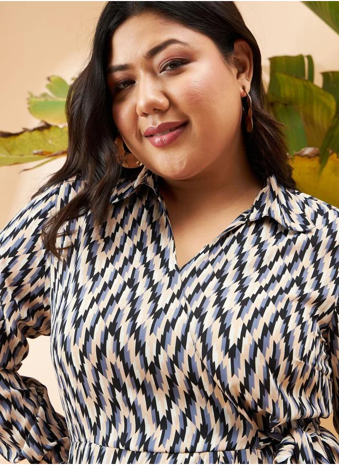 SASSAFRAS Plus Geometric Print Wrap Midi Dress by Styli