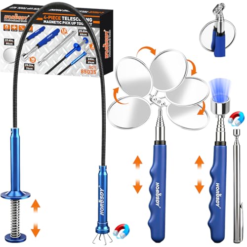 HORUSDY 4PCS Telescoping Magnetic Pick Up Tool Kit Magnetic Sweepers Set with 360 Inspection Mirror 2 Telescoping Magnetic Pickup Tools 525669295 in 24 in Flexible Claw Grabber - Image 1