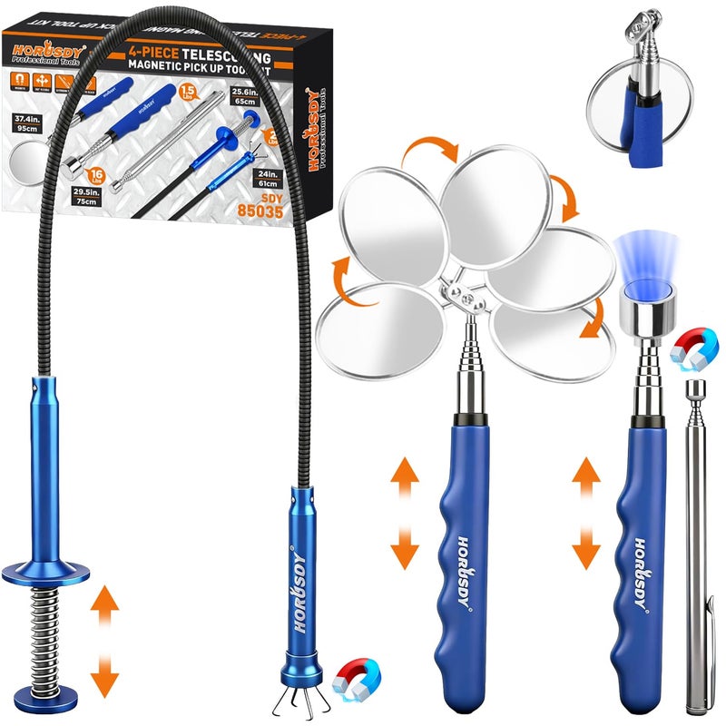 HORUSDY 4PCS Telescoping Magnetic Pick Up Tool Kit Magnetic Sweepers Set with 360 Inspection Mirror 2 Telescoping Magnetic Pickup Tools 525669295 in 24 in Flexible Claw Grabber - Image 2