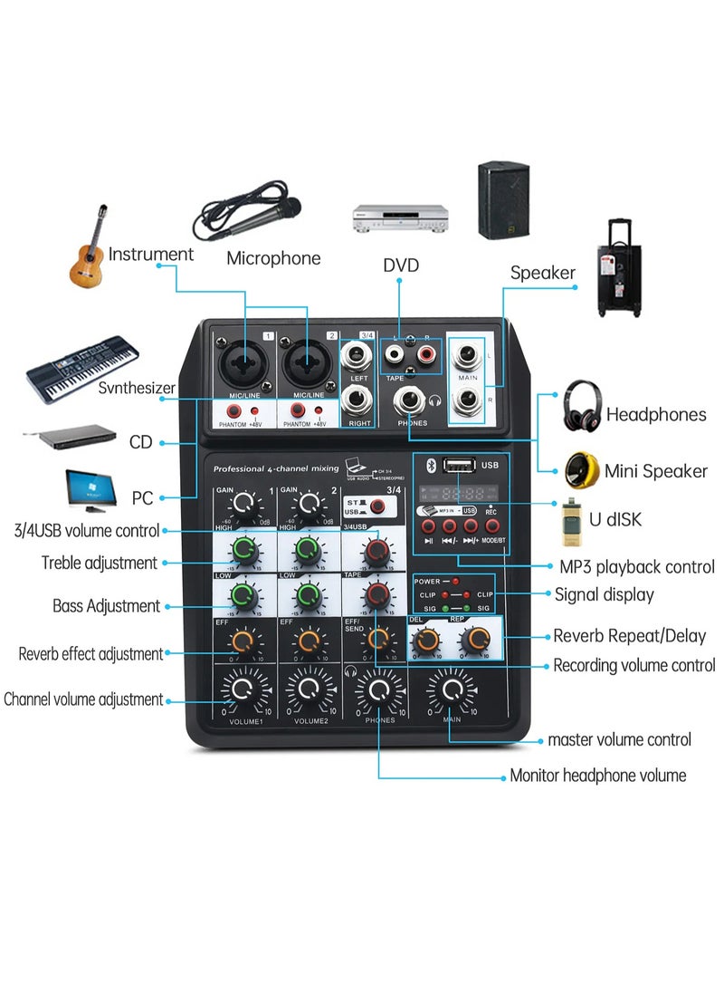 Mi VAZA - 4-Channel Audio Mixer - DJ Mixer - Multifunctional Sound Card with 48V Phantom Power - Portable Sound Mixer Board - Sound Console - Live Streaming Tool - Image 1