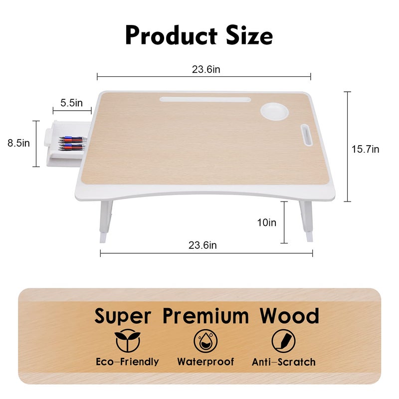 Amaredom Laptop Bed Desk Tray Bed Table, Foldable Portable Lap Desk Notebook Stand Reading Holder with Storage Drawer and Cup Holder for Eating Breakfast on Bed/Couch/Sofa-White Oak - Image 4