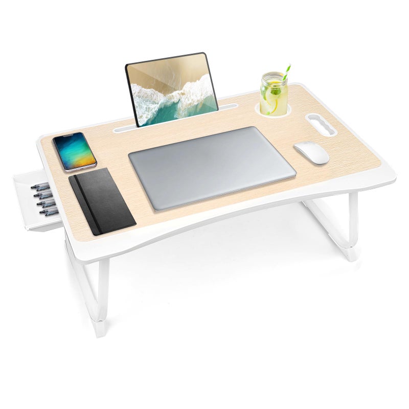 Amaredom Laptop Bed Desk Tray Bed Table, Foldable Portable Lap Desk Notebook Stand Reading Holder with Storage Drawer and Cup Holder for Eating Breakfast on Bed/Couch/Sofa-White Oak - Image 1