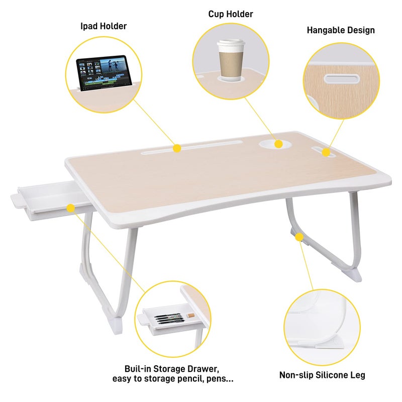 Amaredom Laptop Bed Desk Tray Bed Table, Foldable Portable Lap Desk Notebook Stand Reading Holder with Storage Drawer and Cup Holder for Eating Breakfast on Bed/Couch/Sofa-White Oak - Image 3