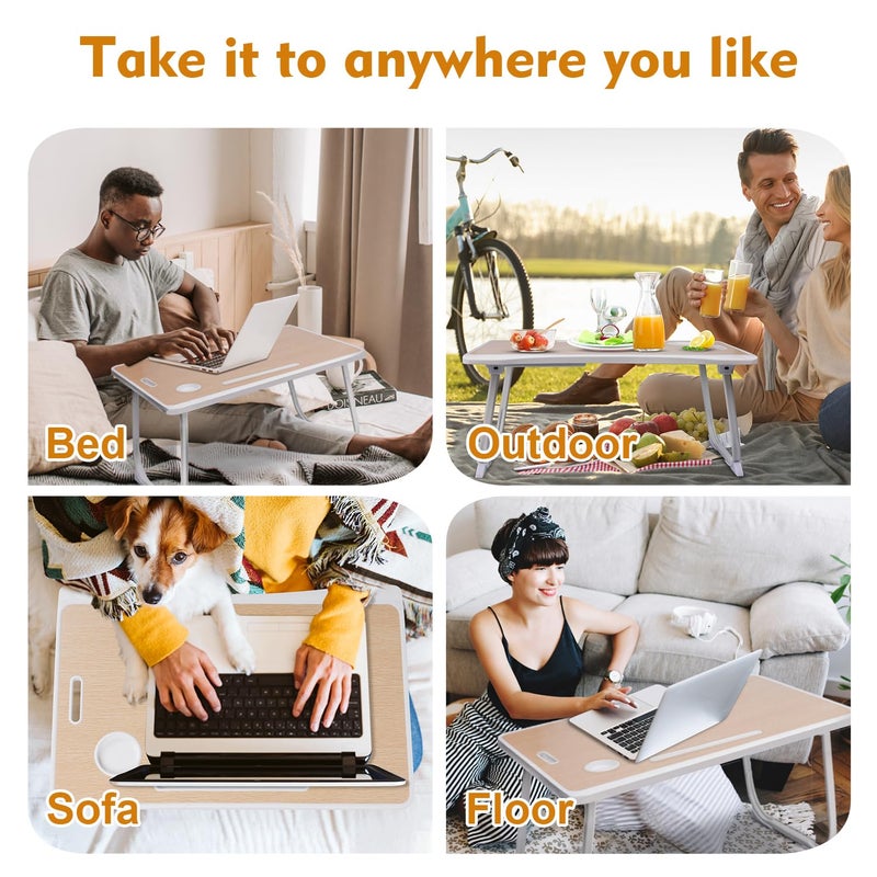 Amaredom Laptop Bed Desk Tray Bed Table, Foldable Portable Lap Desk Notebook Stand Reading Holder with Storage Drawer and Cup Holder for Eating Breakfast on Bed/Couch/Sofa-White Oak - Image 2