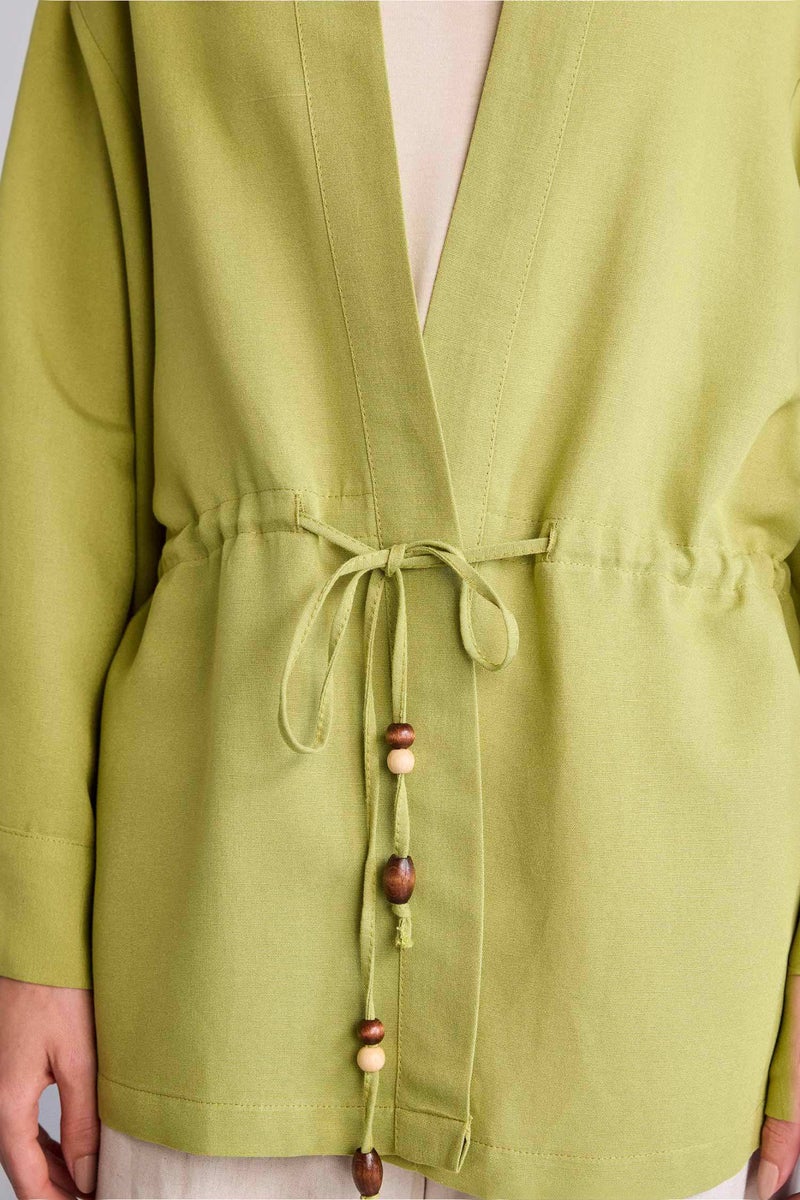 DeFacto Green Woman Relax Fit V-Neck Blended Linen Green Kimono Casual - Image 4