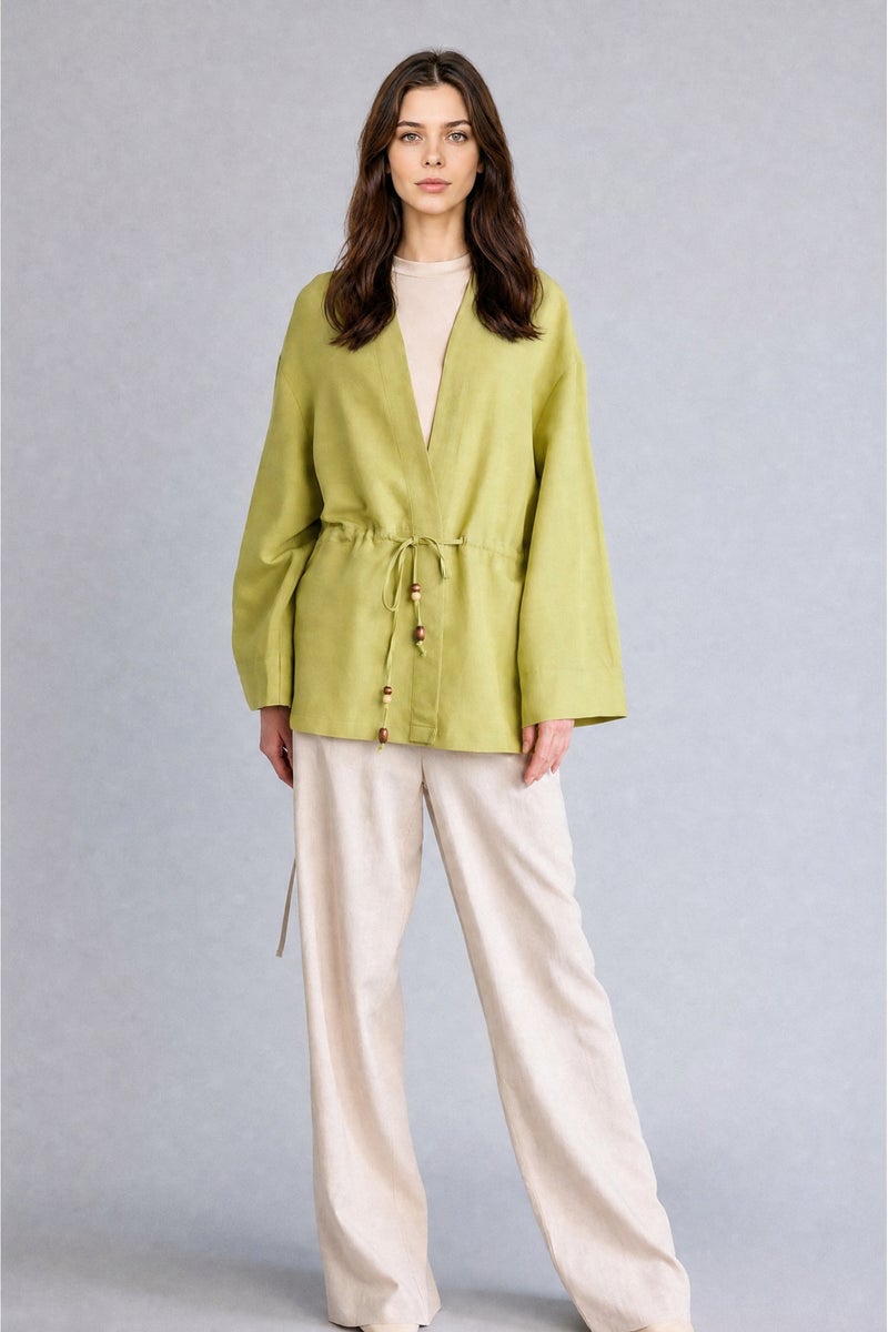 DeFacto Green Woman Relax Fit V-Neck Blended Linen Green Kimono Casual - Image 2