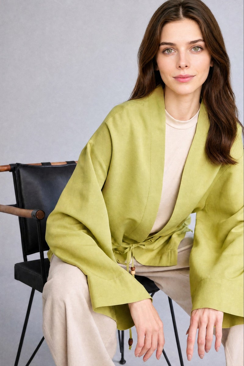 DeFacto Green Woman Relax Fit V-Neck Blended Linen Green Kimono Casual - Image 1