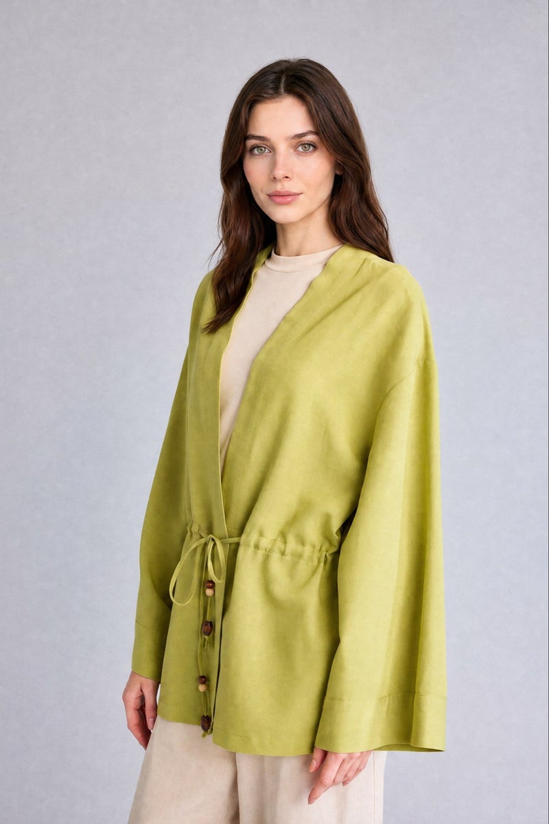 DeFacto Green Woman Relax Fit V-Neck Blended Linen Green Kimono Casual - Image 3