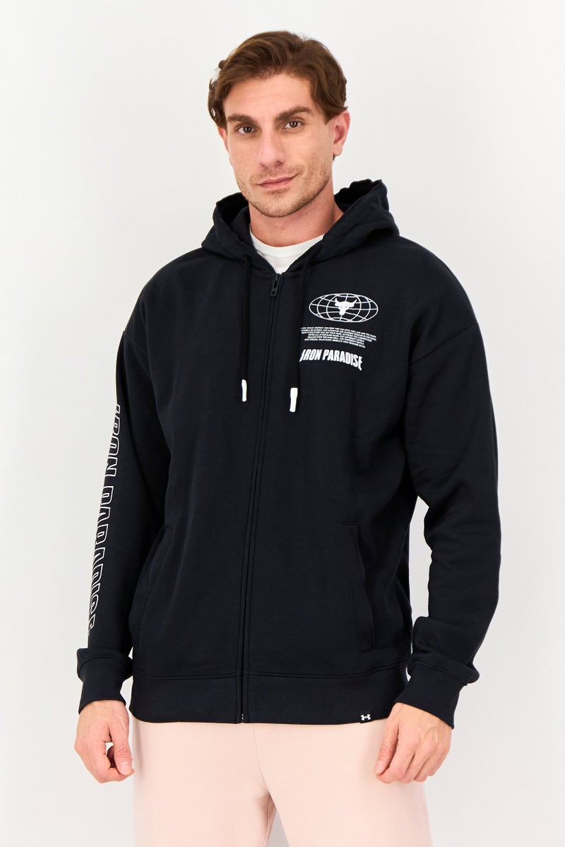 UNDER ARMOUR هودي خارجي بأكمام طويلة فضفاضة للرجال من أندر أرمور × مشروع روك، أسود - Image 1