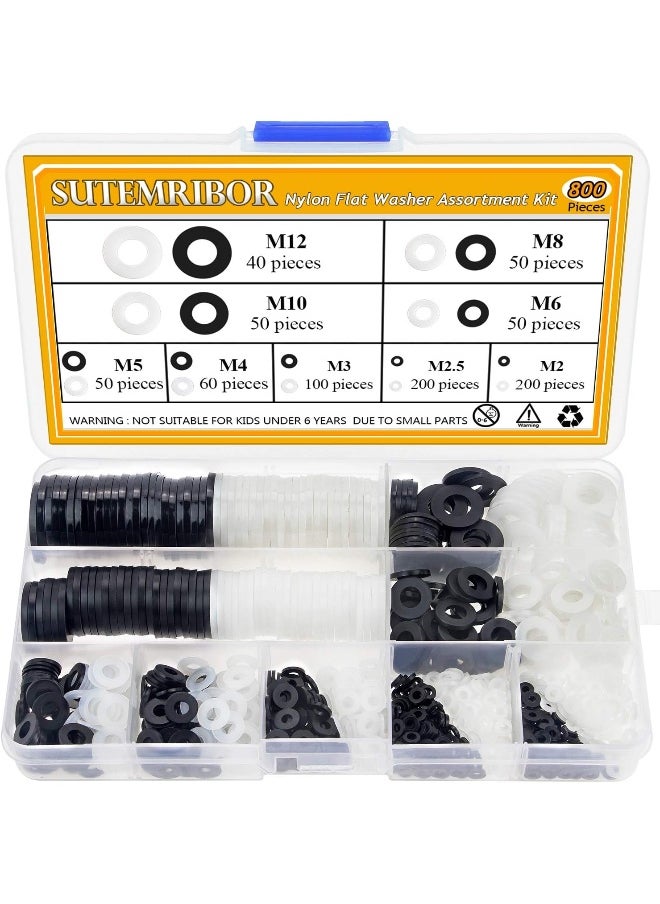 Generic - Nylon Flat Washer Assortment Set 800 Pieces 9 Sizes - M2 M2.5 M3 M4 M5 M6 M8 M10 M12 Black With WhiteNot Rubber Washers - Image 1