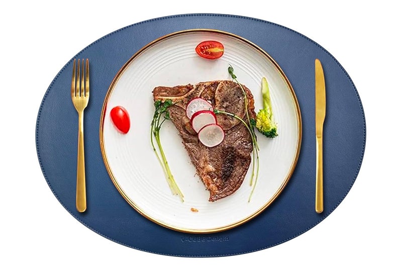 V-CUBE DESIGNS VCUBE Designs Premium Vegan Leather Placemats Set of 4 Waterproof Wipe Clean Heat Resistant Anti Slip Dining Table Place Mats Suitable for Kitchen Table Indoor Outdoor Use Navy Blue - Image 1