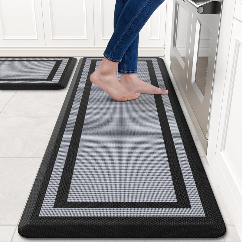 KitchenClouds [2 PCS] Kitchen Rugs Cushioned Anti-Fatigue Kitchen Mats for Floor Waterproof Kitchen Rug Set Non-Slip Comfort Standing Mat for Office, Sink, Laundry 17.3"Ã—29"+17.3"Ã—47",Black - Image 1