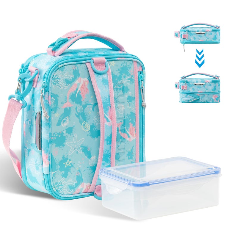 Everfun Expandable Lunch Box for Girls with Container, Insulated Bento Lunch Bag Reusable Water Resistant Lunch Tote Bag for School Mermaid - Image 1
