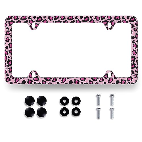 MUAWUOIK Sexy Leopard License Plate Frame Pink Leopard Animal Print License Plate Holder Colorful Stainless Steel Parts Funny License Plate Decoration with Screws 123 x 63 - Image 1