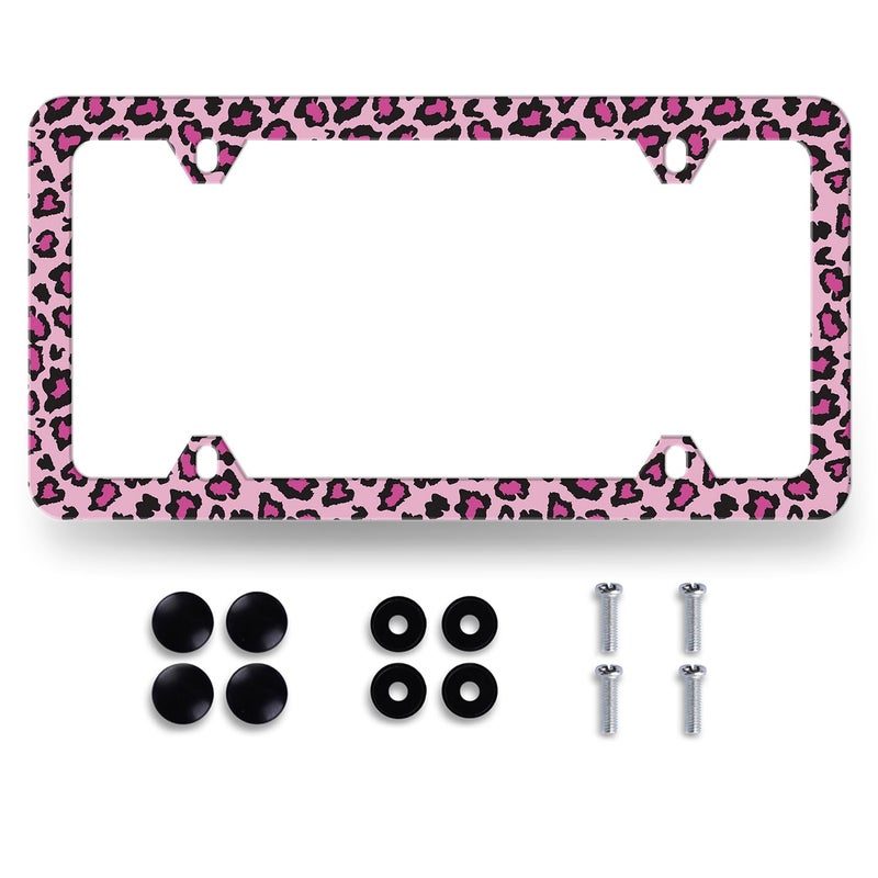MUAWUOIK Sexy Leopard License Plate Frame Pink Leopard Animal Print License Plate Holder Colorful Stainless Steel Parts Funny License Plate Decoration with Screws 123 x 63 - Image 3