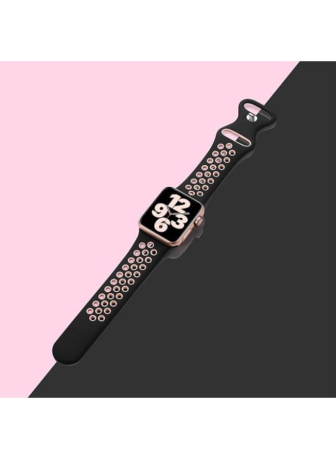 Breathable Silicone Sport Band with Double Hole Snap, Compatible with Apple Watch 42mm 44mm 45mm 46mm 49mm, iWatch Ultra 2 SE Series 10 9 8 7 6 5 4 3 2 1_ Black & Pink - Image 2