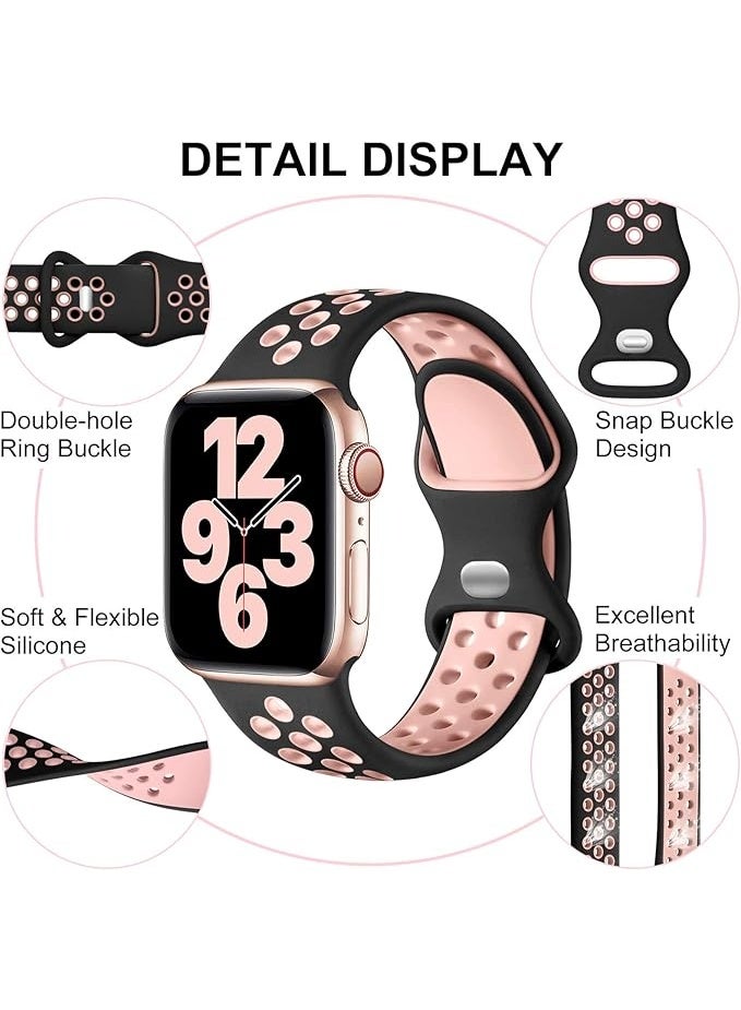 Breathable Silicone Sport Band with Double Hole Snap, Compatible with Apple Watch 42mm 44mm 45mm 46mm 49mm, iWatch Ultra 2 SE Series 10 9 8 7 6 5 4 3 2 1_ Black & Pink - Image 4