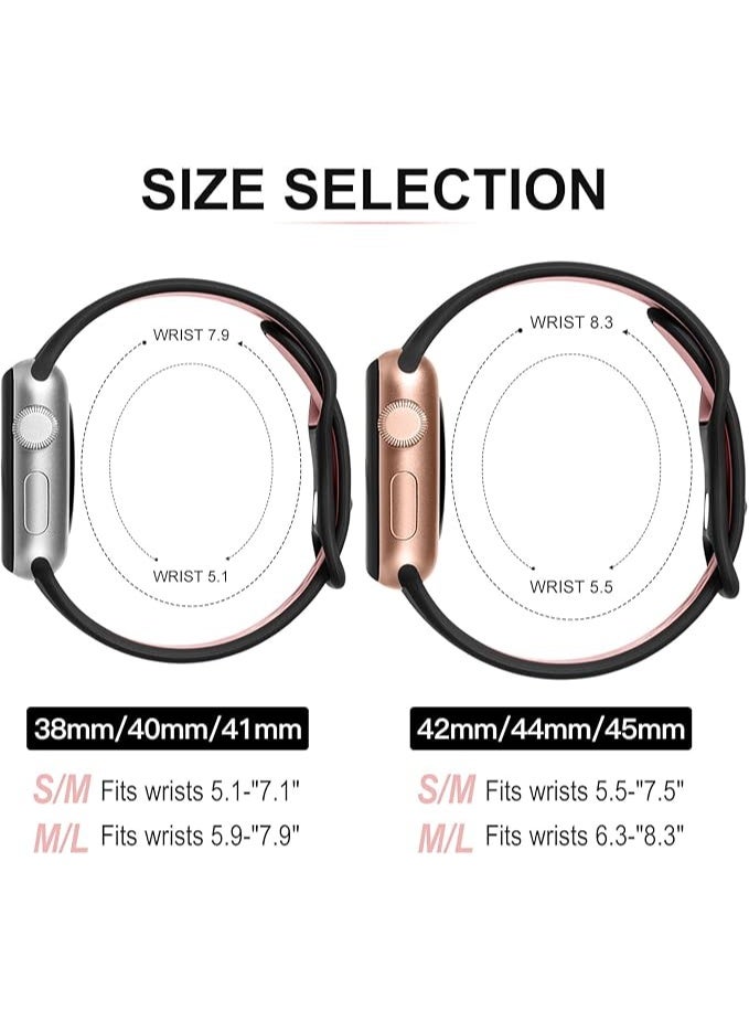 Breathable Silicone Sport Band with Double Hole Snap, Compatible with Apple Watch 42mm 44mm 45mm 46mm 49mm, iWatch Ultra 2 SE Series 10 9 8 7 6 5 4 3 2 1_ Black & Pink - Image 3