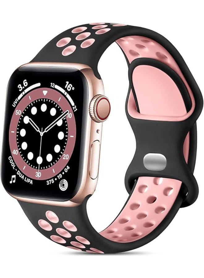 Breathable Silicone Sport Band with Double Hole Snap, Compatible with Apple Watch 42mm 44mm 45mm 46mm 49mm, iWatch Ultra 2 SE Series 10 9 8 7 6 5 4 3 2 1_ Black & Pink - Image 1