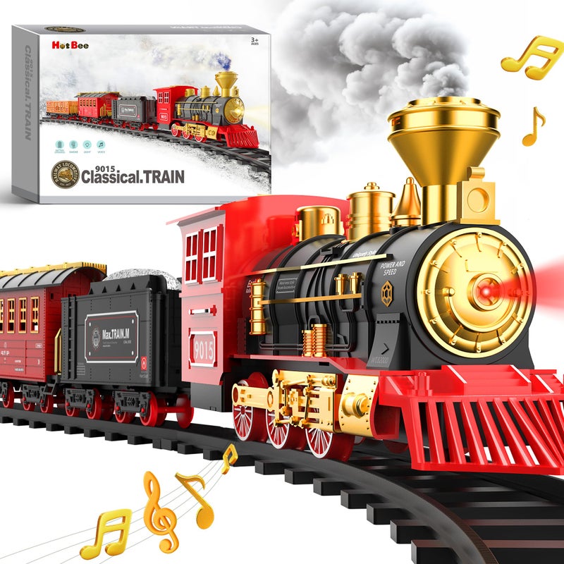 Hot Bee Train Set - Christmas Tree Train Toys for Boys with Smokes, Lights and Sound, Toy Train Set for Under Christmas Tree, Toddler Model Trains for 3 4 5 6 7 8+ Years Old Kids Christmas Toys Gifts - Image 1