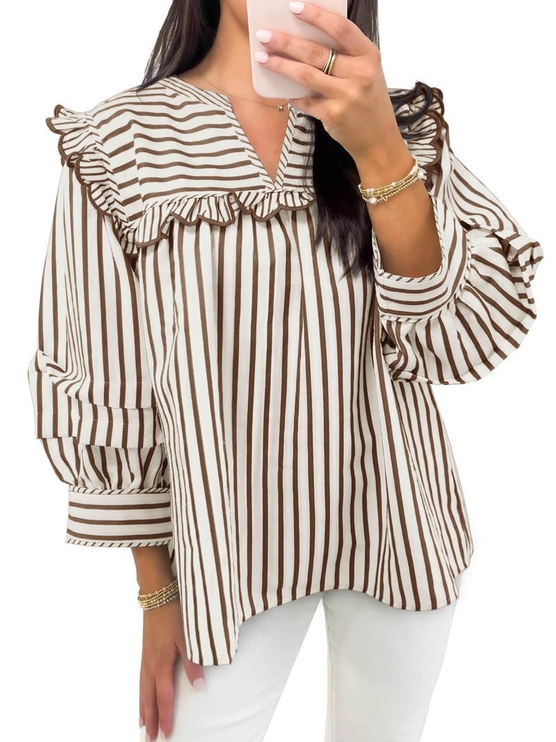 Cicy Bell Womens Striped Babydoll Tops Ruffle V Neck Puff Sleeve Blouses Loose Fit Cute Flowy Shirts Brown - Image 1