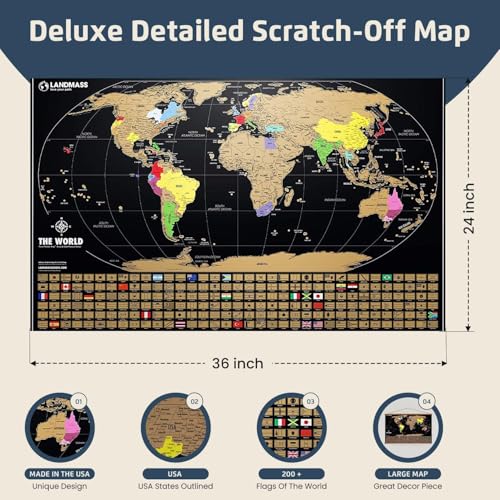 Landmass Scratch Off Map Of The World, Large 36x24 Inches Travel Tracker Map with World Capitals and Flags, Vibrant Colors, Made in USA, Gift Idea for Travelers and Adventurers, Home Decor - Image 2