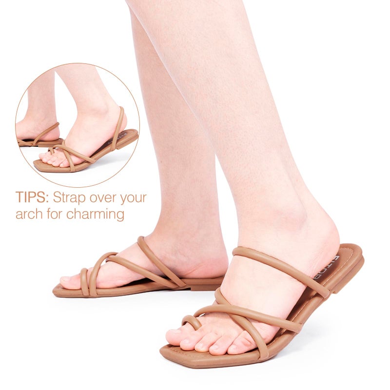 FITORY Women's Slide Sandals Flat Toe Ring Thongs with Cross Strap for Summer Size 7 Camel - Image 2
