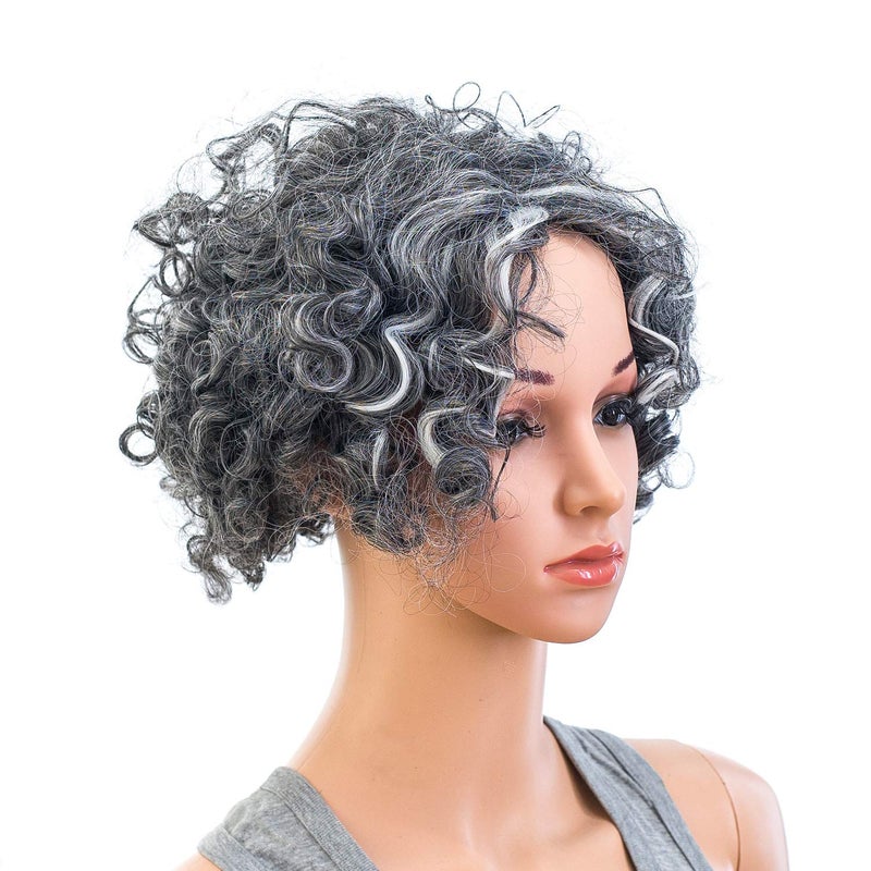 SWACC 12Inch Old Lady Cosplay Granny Wig Short Grandmother Curly Wigs for Women with Wig Cap Silver Gray