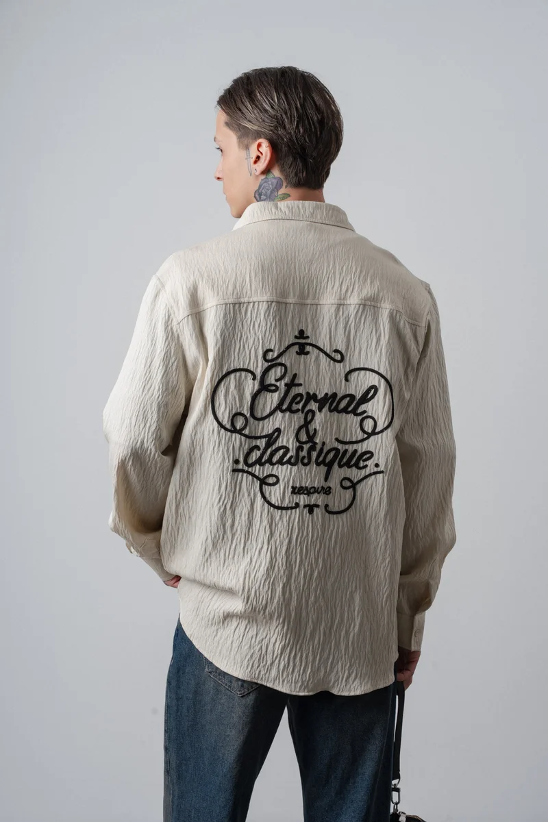 RESPIRE Men's Eternal Embroidered Long-Sleeve Linen Oversize Shirt, Beige