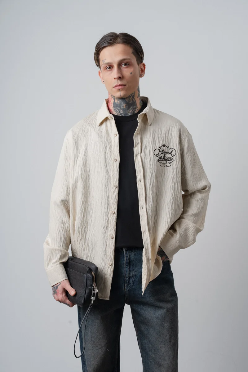 RESPIRE Men's Eternal Embroidered Long-Sleeve Linen Oversize Shirt, Beige