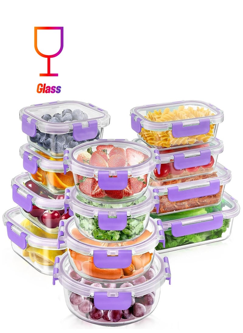 TYCOM Glass Meal Prep Containers 12 Pieces Mixed Glass Food Storage Containers with Lids Glass Lunch Box Portion Control Airtight Glass Bento Box Lunch Containers 12 Pieces Purple.  - Image 1