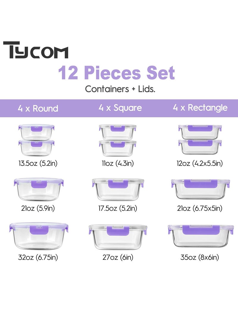 TYCOM Glass Meal Prep Containers 12 Pieces Mixed Glass Food Storage Containers with Lids Glass Lunch Box Portion Control Airtight Glass Bento Box Lunch Containers 12 Pieces Purple.  - Image 2