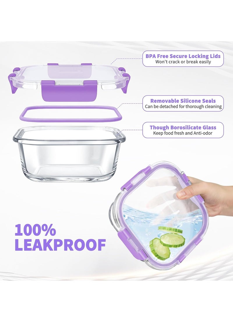 TYCOM Glass Meal Prep Containers 12 Pieces Mixed Glass Food Storage Containers with Lids Glass Lunch Box Portion Control Airtight Glass Bento Box Lunch Containers 12 Pieces Purple.  - Image 3