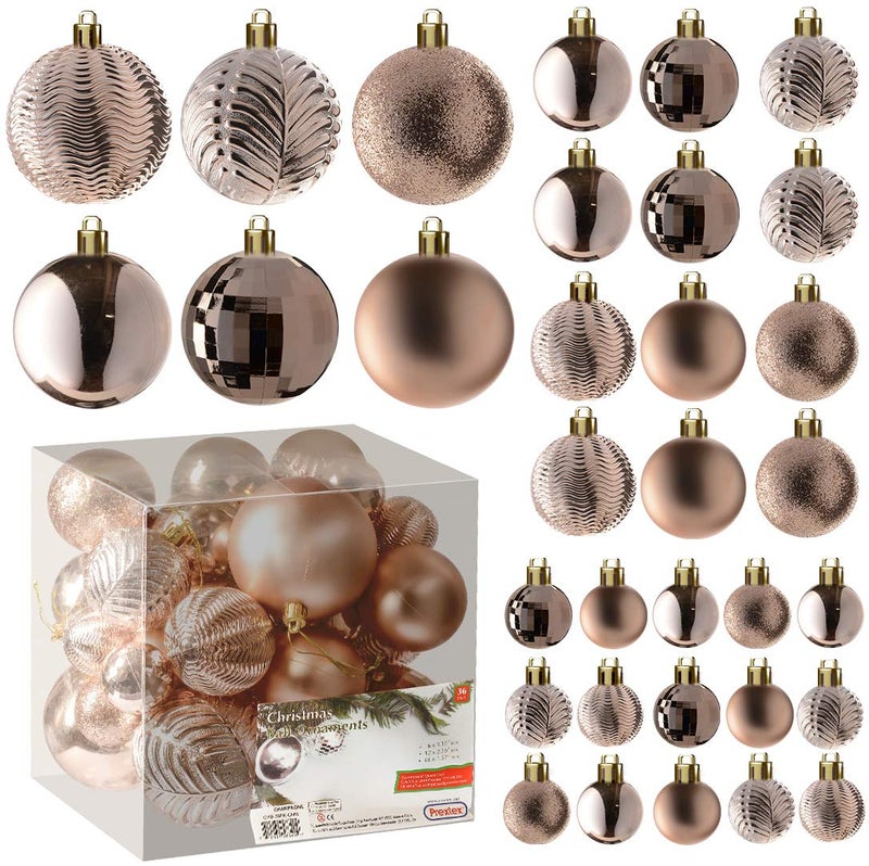 PREXTEX Champagne Christmas Ball Ornaments (36 pcs) - Shatterproof Xmas Tree Decorations with Hanging Loop in 6 Styles and 3 Sizes - Image 1